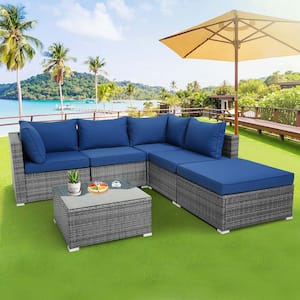 6-Piece Wicker Patio Conversation Set Furniture Sectional Sofa Coffee Table with Navy Cushions