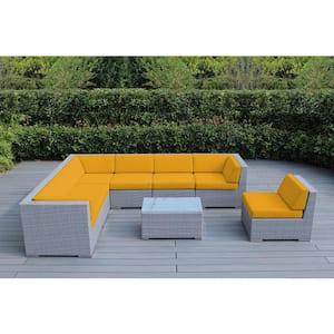 Gray 8-Piece Wicker Patio Seating Set with Sunbrella Sunflower Yellow Cushions