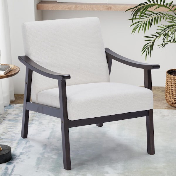 Modern White Polyester Upholstered Rubberwood Frame Accent Arm Chair with High Back