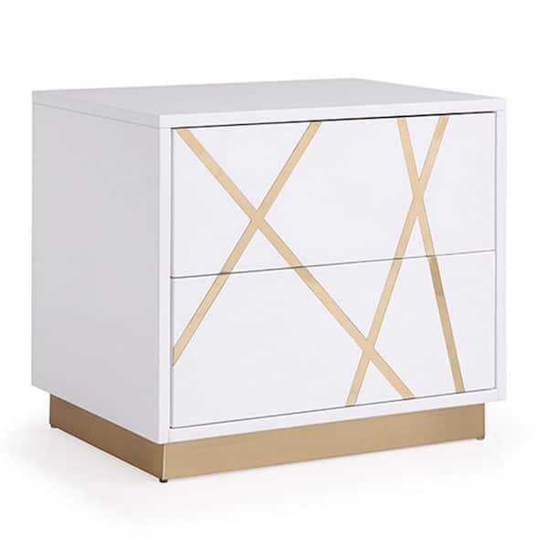 Benjara 28 in. 2-Drawer White and Gold Wooden Nightstand