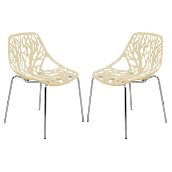 Leisuremod Asbury Modern Stackable Dining Chair With Chromed Metal Legs Set of 2 in Cream