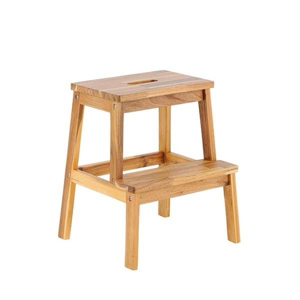 maocao hoom 1.6 ft. H 2-Step Acacia Wood Steps Stool, 350 lbs. Load Capacity, Natural Color