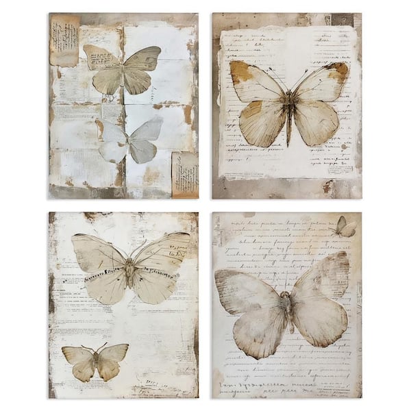 Neutral Vintage Butterflies by RileyB 4-Pieces Unframed Animal Graphic Art Print 14 in. x 11 in.