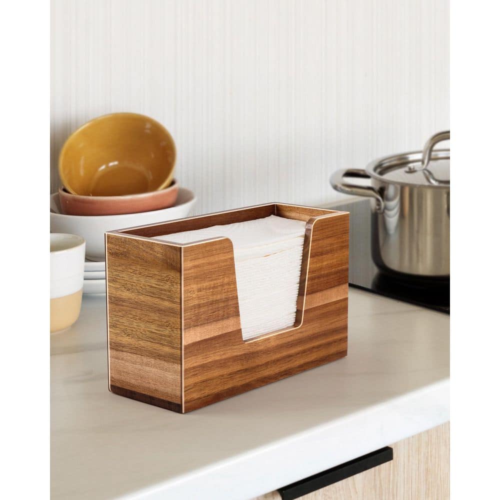 Anqtovp Countertop Acacia Wood Finish Paper Towel Holder Dispenser