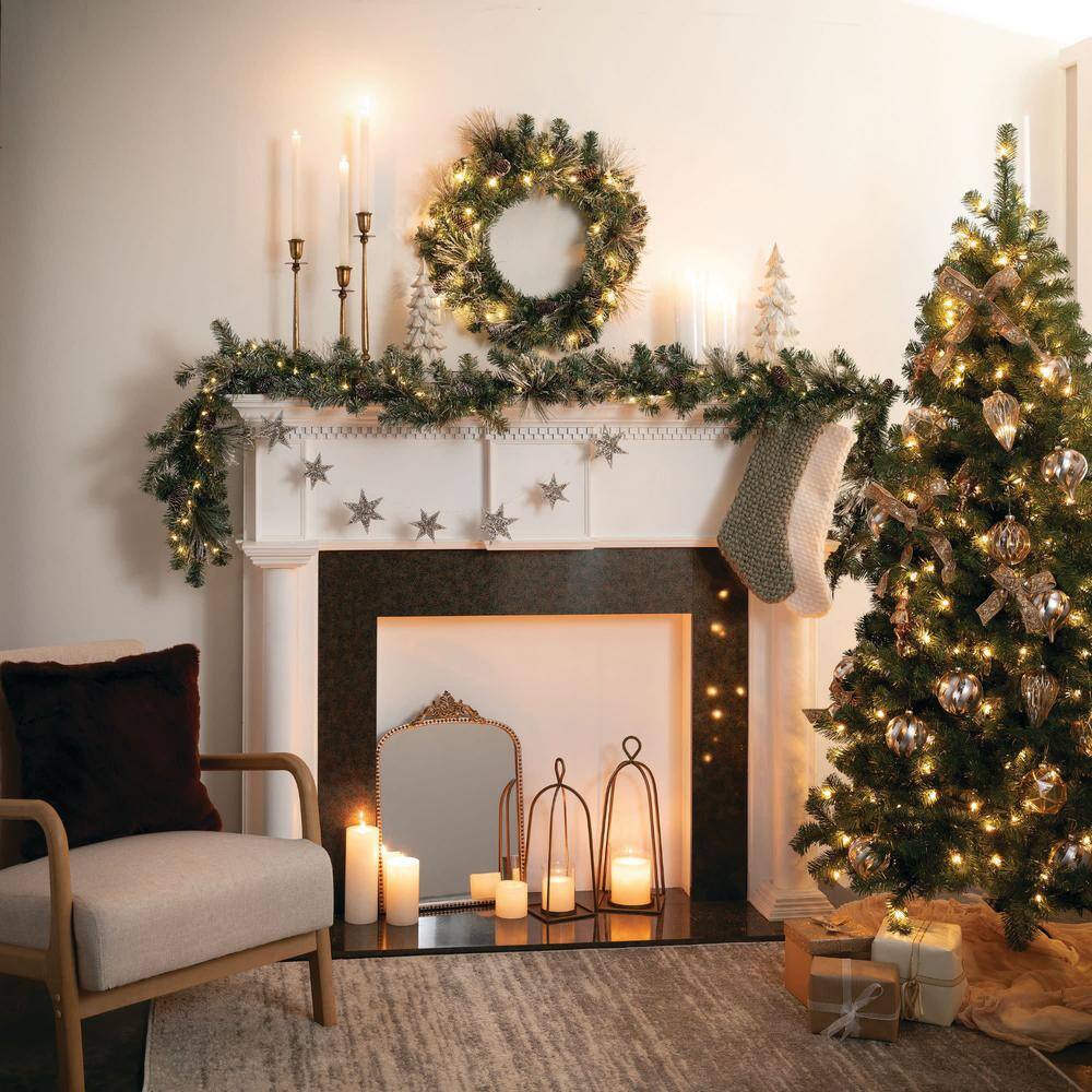 9-Foot Pre-lit Flocked Pine Christmas Garland with Pinecones and Gold Accents