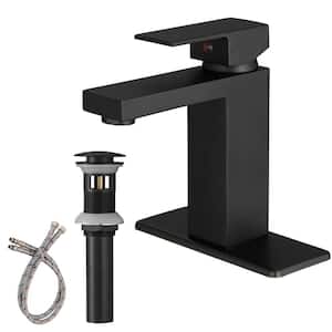 Single Hole Single-Handle Low-Arc Bathroom Faucet with Deckplare and Drain Assembly in Matte Black