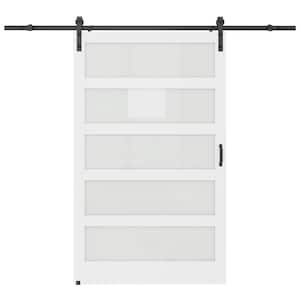 48 in. x 84 in. 5-Lite Tempered Frosted Glass and Solid Core MDF White Primed Sliding Barn Door with Hardware Kit