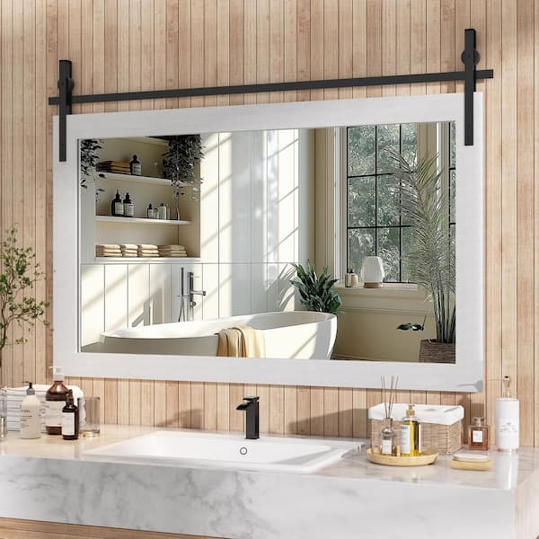 White 40 in. W x 26 in. H Rectangle Wood Framed Farmhouse Wall Mounted Mirror Vintage Vanity Decrative Bathroom Mirrors