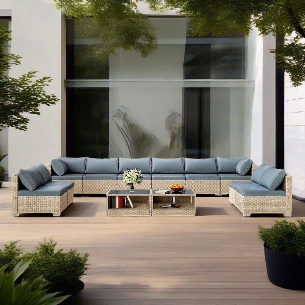 12-Piece Wicker Outdoor Sectional Seating Set with Gray Cushions, Patio Furniture Set for Garden, Backyard, Khaki price history on PriceWatchPro