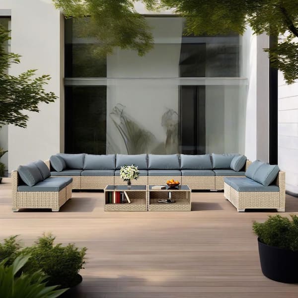 12-Piece Wicker Outdoor Sectional Seating Set with Gray Cushions, Patio Furniture Set for Garden, Backyard, Khaki