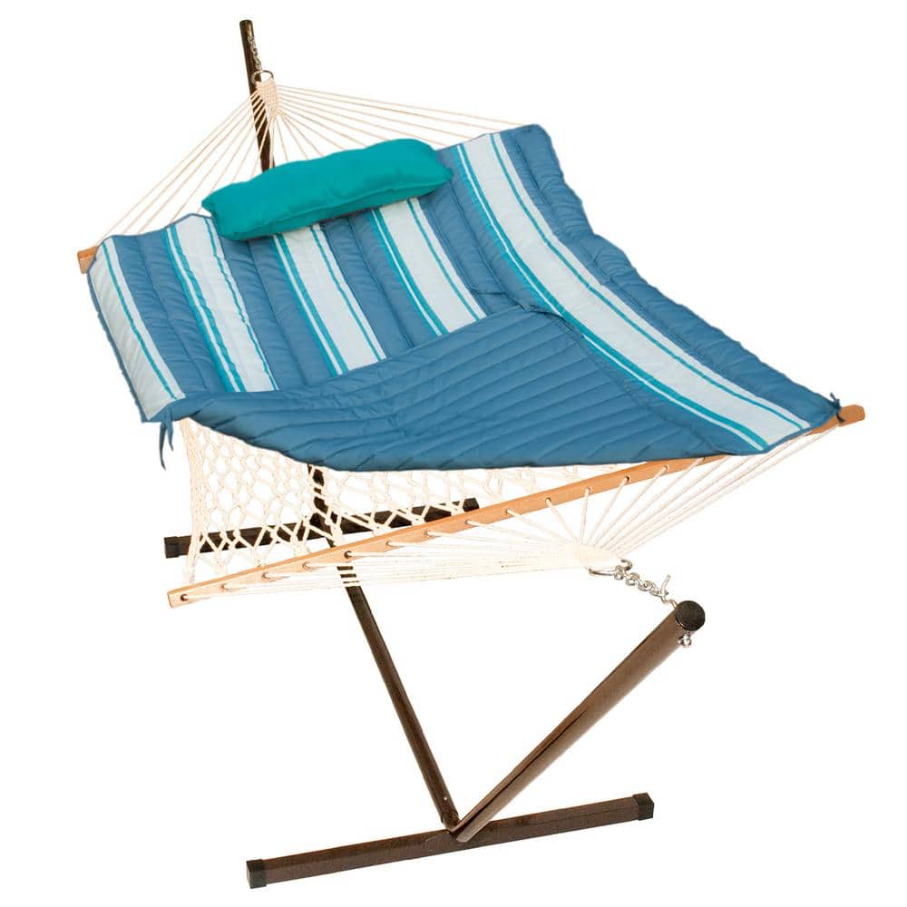 Blue Cotton Rope Hammock with Stand, Pad & Pillow