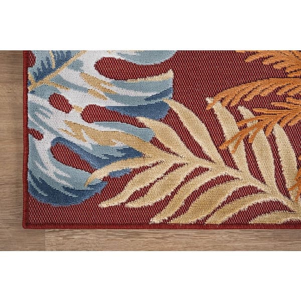 Jungle Red 9 ft. x 12 ft. Washable Tropical Floral Indoor Outdoor