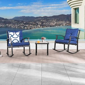 3-Piece Metal Patio Conversation Set with Blue Cushions