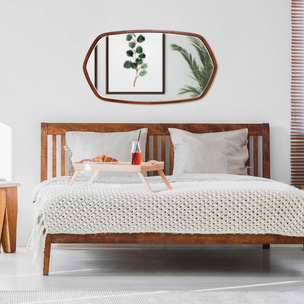 Walnut Brown Oblong Hexagon Wall Mirror with Wood Frame