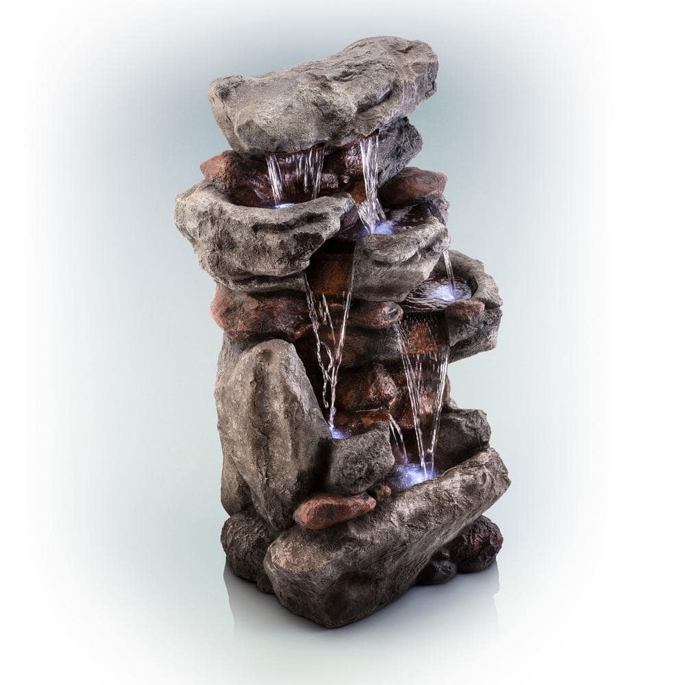 52" Brown Tiered Rock Waterfall Fountain with LED Lights