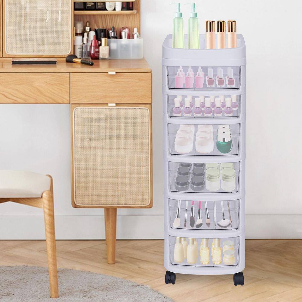White 6-Tier Plastic Rolling Storage Cart with Clear Drawers