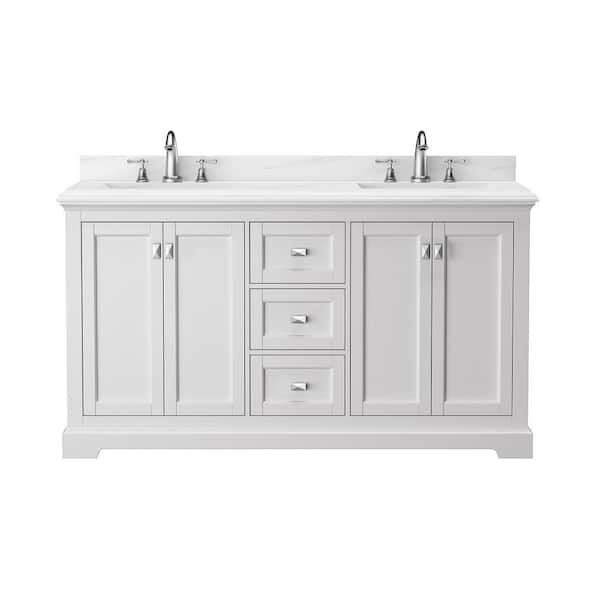 Boosicavelly 60 in. W x 22 in. D x 34 in. H Double Sink Freestanding Bath Vanity in White with White Carrara Marble Top
