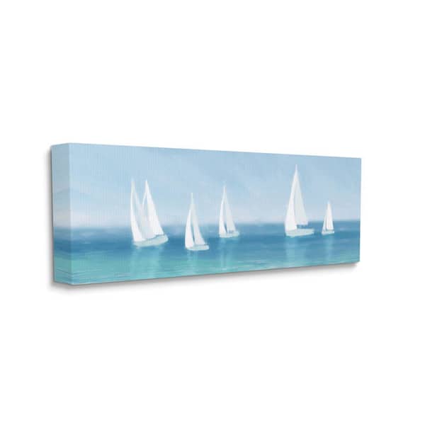 "White Sail Boats across Soft Blue Coast" by Dan Meneely Unframed Nature Canvas Wall Art Print 17 in. x 40 in.