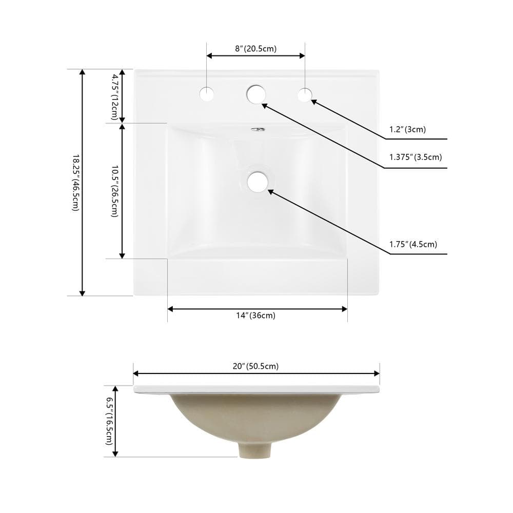 White Ceramic 20" Rectangular Single Sink Basin Vanity Top