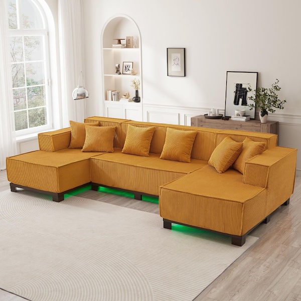 130 in. W Corduroy U-Shaped Sectional Sofa in Orange with 6 Pillows and RGB LED Light Strip