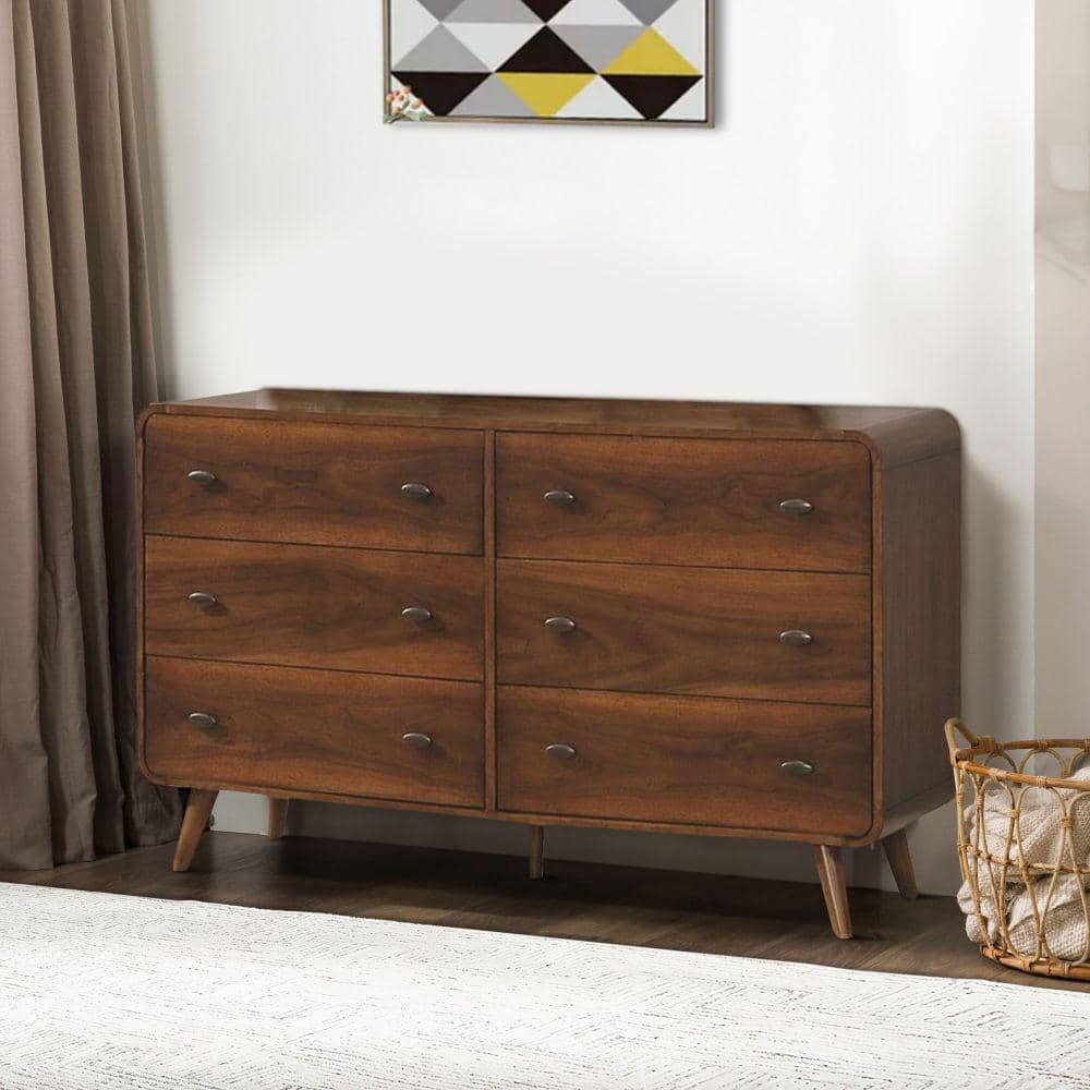 Black Mid-Century 6-Drawer Dresser with Felt-Lined Drawers