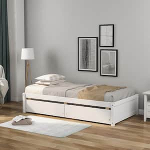 White Solid Wood Twin Platform Bed Frame with 2-Urban Drawers Storage Bed with Wooden Slat(No Box Spring Needed)