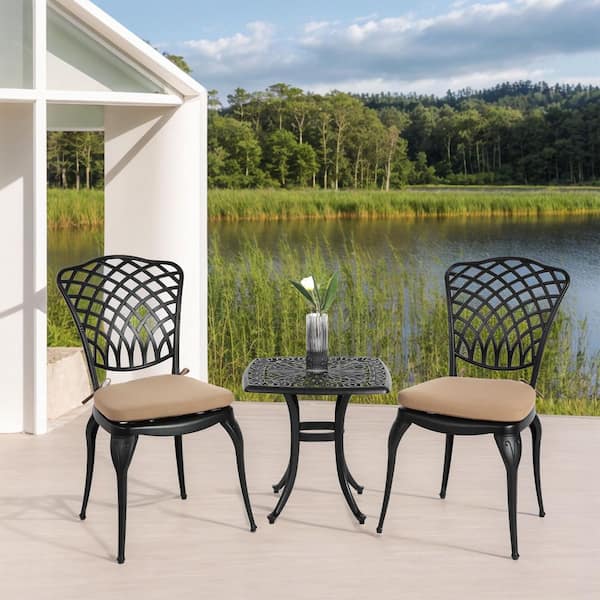 3-Piece Cast Aluminum Patio Conversation Set with Brown Cushions