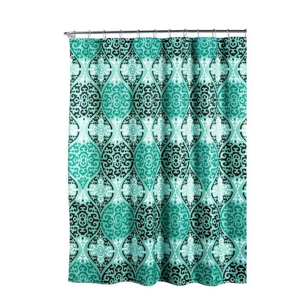 Creative Home Ideas Oxford Weave Textured 70 in. W x 72 in. L Shower Curtain with Metal Roller Rings in Elsa Aqua/Black