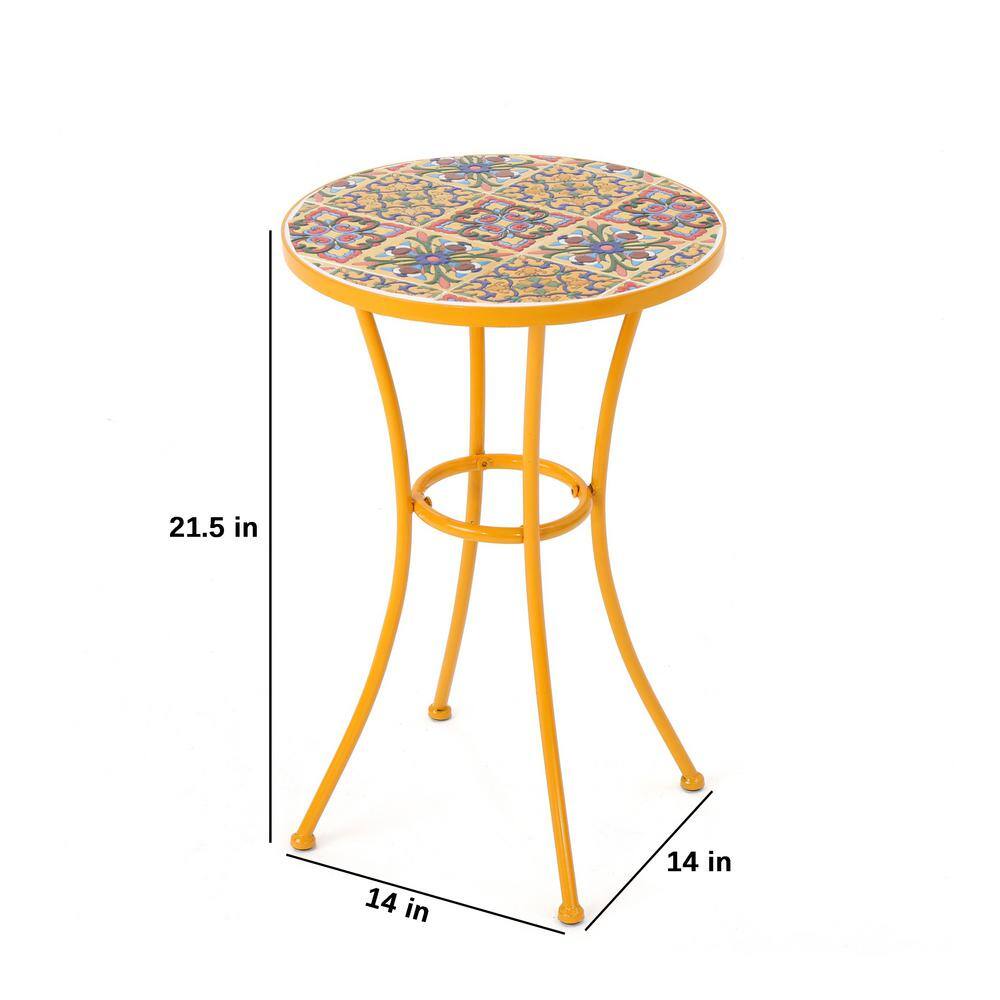 Yellow Ceramic Tile Mosaic Outdoor Side Table with Iron Frame