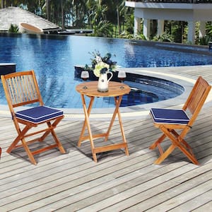 3-Piece Patio Folding Wooden Round Table Outdoor Bistro Set with Blue Cushions