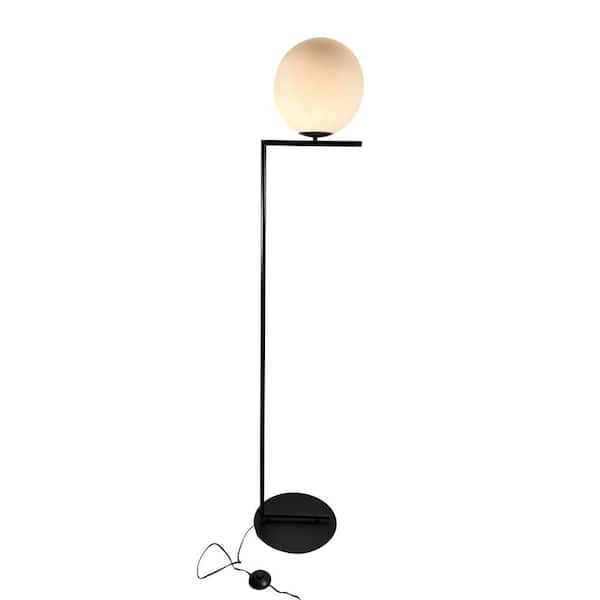 EQLight Mid Century 62 in. Black Floor Lamp with White Glass Globe Shade