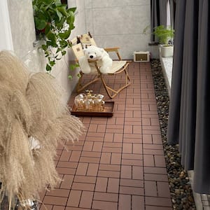 12 in.W x12 in.L Outdoor Pattern Square PVC Drainage Interlocking Flooring Deck Tiles (Pack of 44 Tiles)in Brown