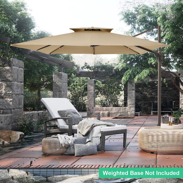 11 ft. x 11 ft. Square Two-Tier Top Rotation Outdoor Cantilever Patio Umbrella with Cover in Beige
