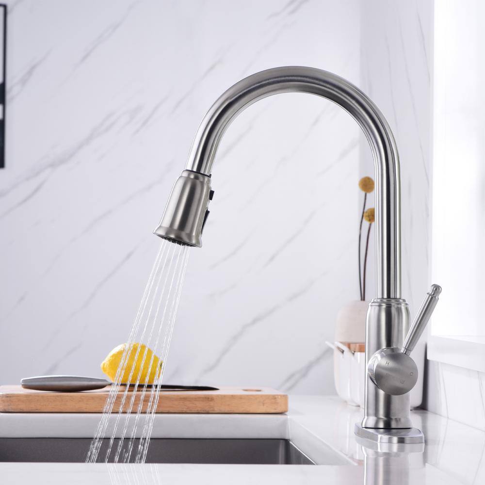 Brushed Nickel Stainless Steel Pull-Down Kitchen Faucet with Soap Dispenser