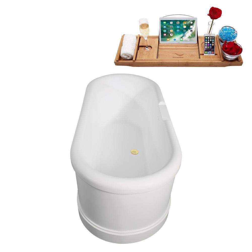 67" Matte White Acrylic Freestanding Soaking Tub with Polished Brass Trim