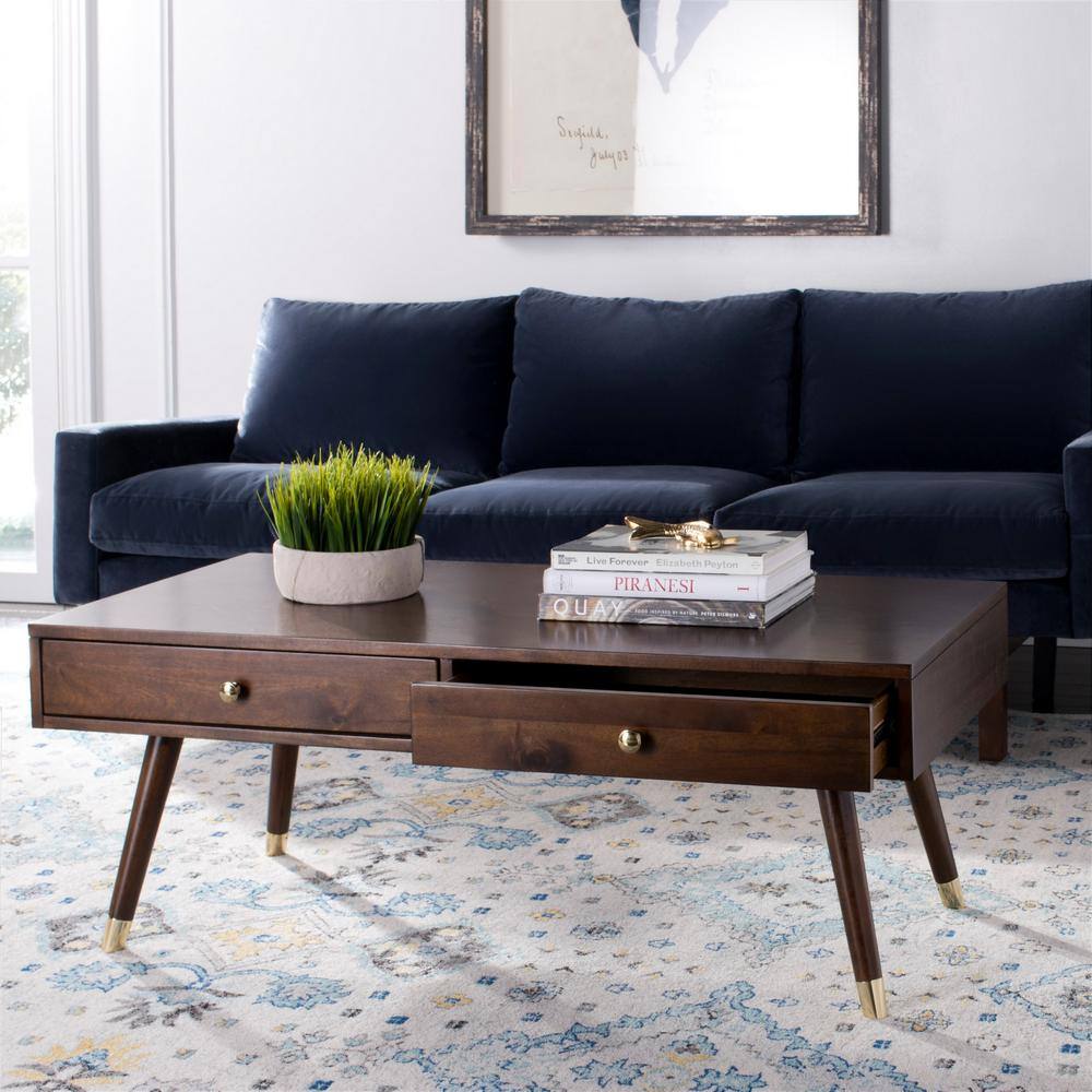 Transitional Mid-Century 48" Brown Wood Coffee Table with Gold Caps