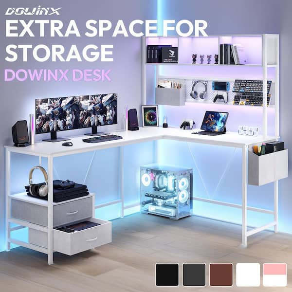Modern 19.7 in. L-Shaped White Wood 2-Drawers Gaming Desk with RGB Lighting,Power Outlet and Storage