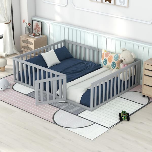 URTR Queen Size Wood Daybed Frame with Fence, Queen Floor Bed with Door for Toddlers Kids, Box Spring Needed, Gray