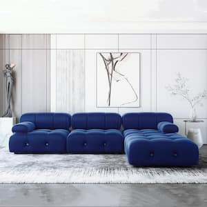 104 in. Square Arm 4-Seater Velvet Convertible L-Shaped Modular Sectional Sofa with Ottoman in Blue