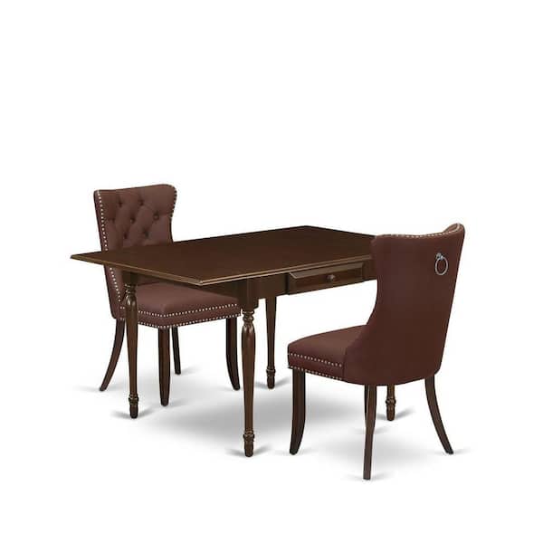 East West Furniture 3-Piece Mahogany Finish Rectangular Solid Wood Top with Dropleaf Dining Table Set