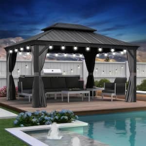 13 ft.x 15 ft.Gray Patio Outdoor Gazebo for Backyard Hardtop Aluminum Frame with Hooks ,Netting , Curtain 24 Lights