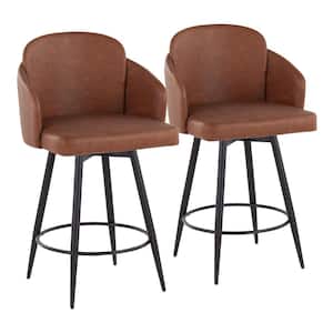 Dahlia 40.25 in. Camel Faux Leather & Black Metal Counter Height Bar Stool with Chrome Metal Accent (Set of 2)