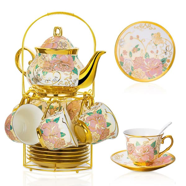 6-Cup 20-Piece Ceramic Tea Pot Set with Metal Holder and Flower Painting