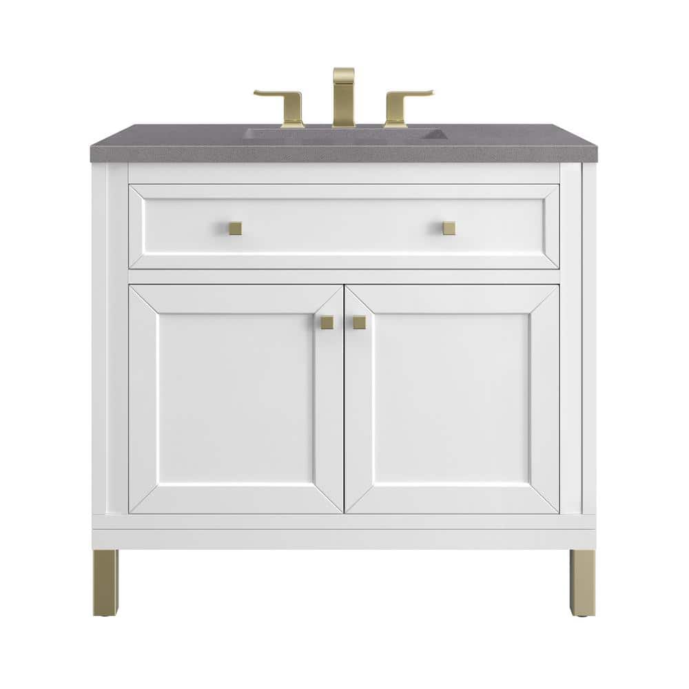 James Martin Vanities Chicago 36.0 in. W x 23.5 in. D x 34 in. H Bathroom Vanity in Glossy White with Grey Expo Quartz Top -  305-V36-GW-3GEX