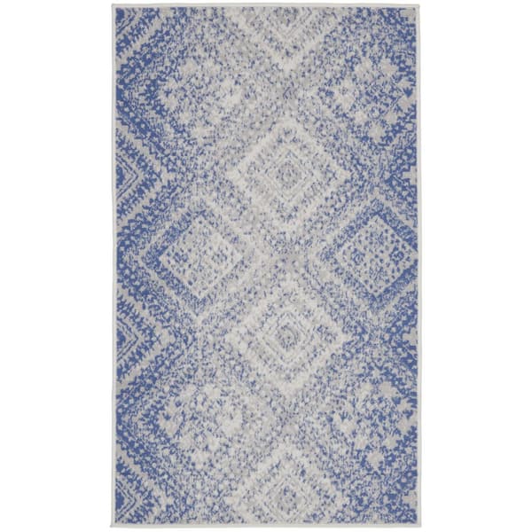 3 ft. x 5 ft. Blue and Ivory Geometric Distressed Area Rug