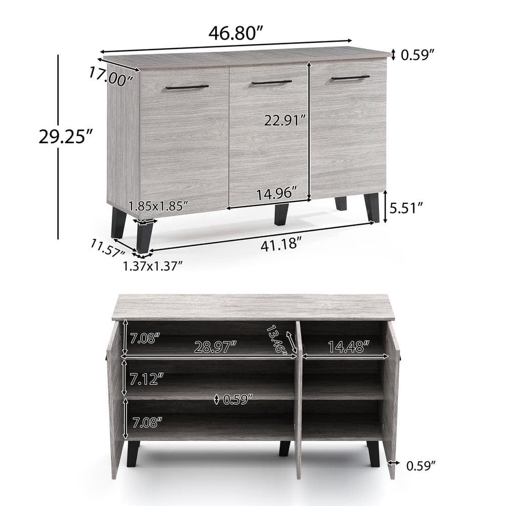 Gray Oak Mid-Century Modern 3-Door Fiberboard Cabinet