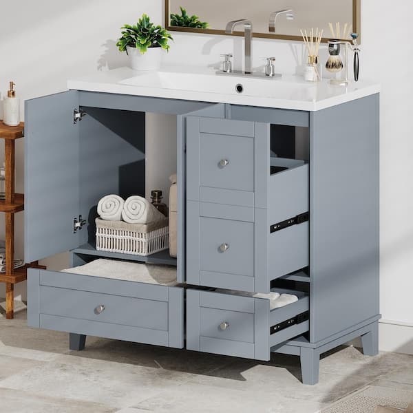 Tenleaf 36 in. W Single Sink Freestanding Bath Vanity in Gray Blue with White Resin Top and USB Charging, 3 Drawers