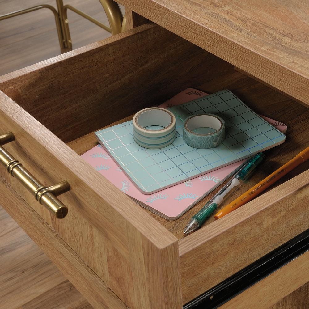 Sindoori Mango L-Shaped Wood Desk with Gold Frame