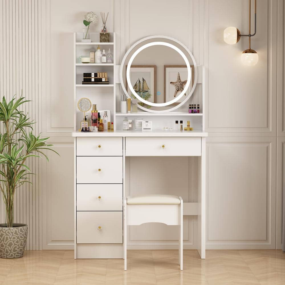 White Wood Makeup Vanity Set with LED Mirror and Stool