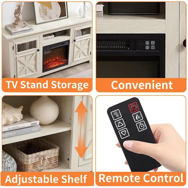 60.23 in. Freestanding TV Stand with 18 in. Fireplace Insert, , White, Farmhouse Barn Design,2 Doors, Adjustable Shelves